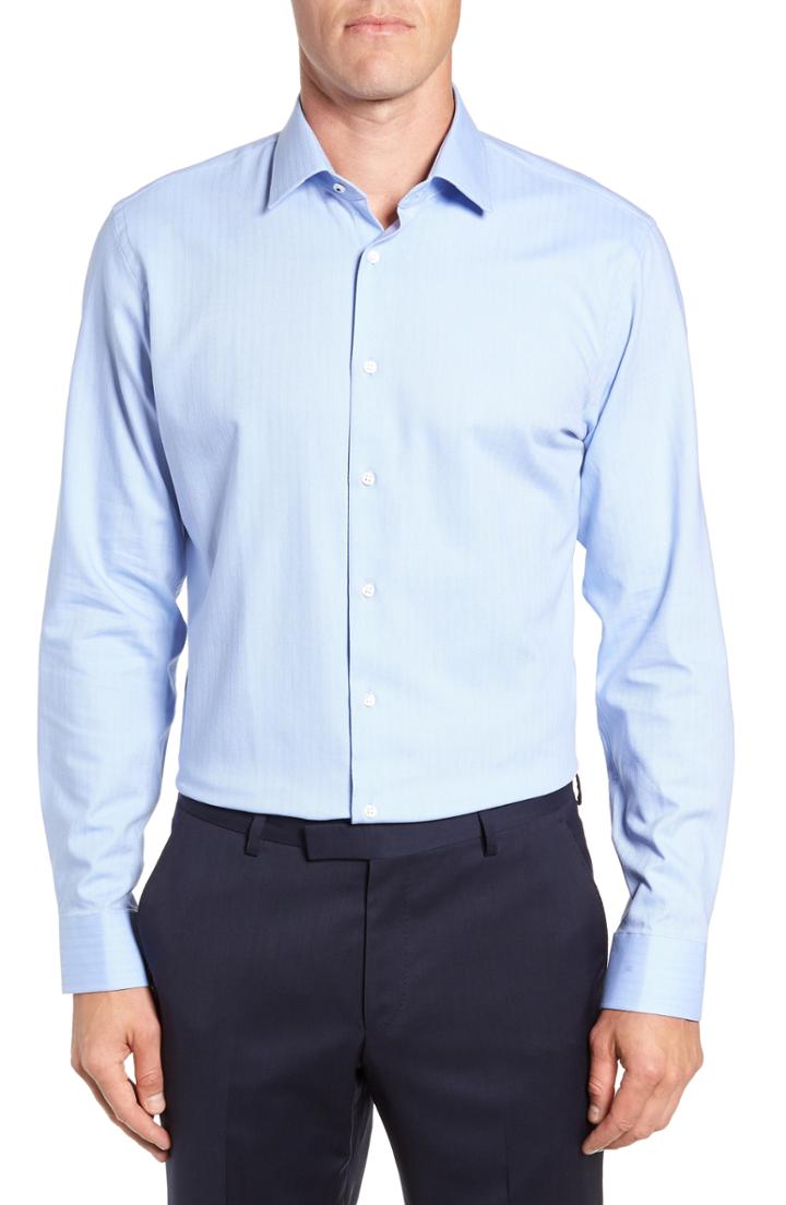 Men's Nordstrom Men's Shop Tech-smart Trim Fit Stretch Herringbone Dress Shirt - 32/33 - Blue