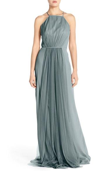 Women's Monique Lhuillier Bridesmaids Chiffon & Tulle Halter Gown - Blue