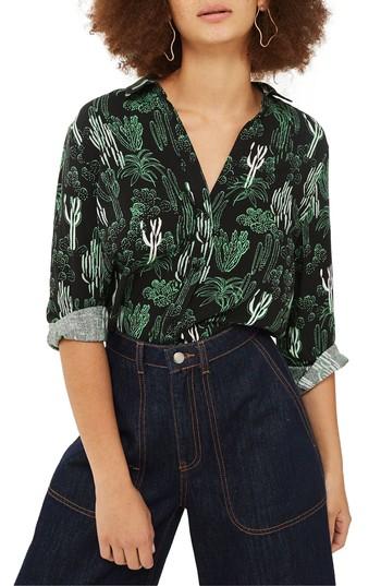Women's Topshop Cactus Print Shirt Us (fits Like 0-2) - Black