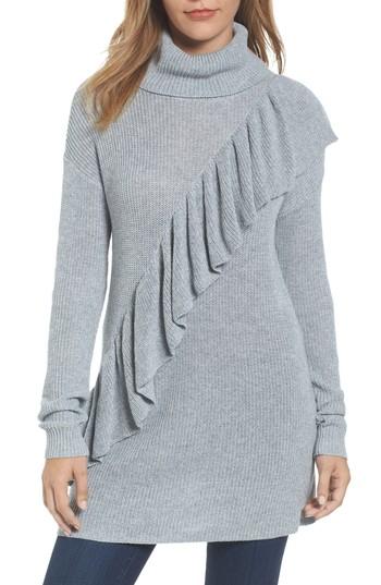 Women's Halogen Ruffle Front Turtleneck Tunic, Size - Grey