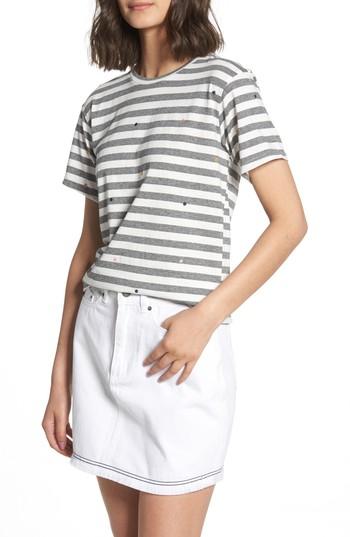 Women's Currently In Love Polka Dot Embroidered Stripe Tee - Grey