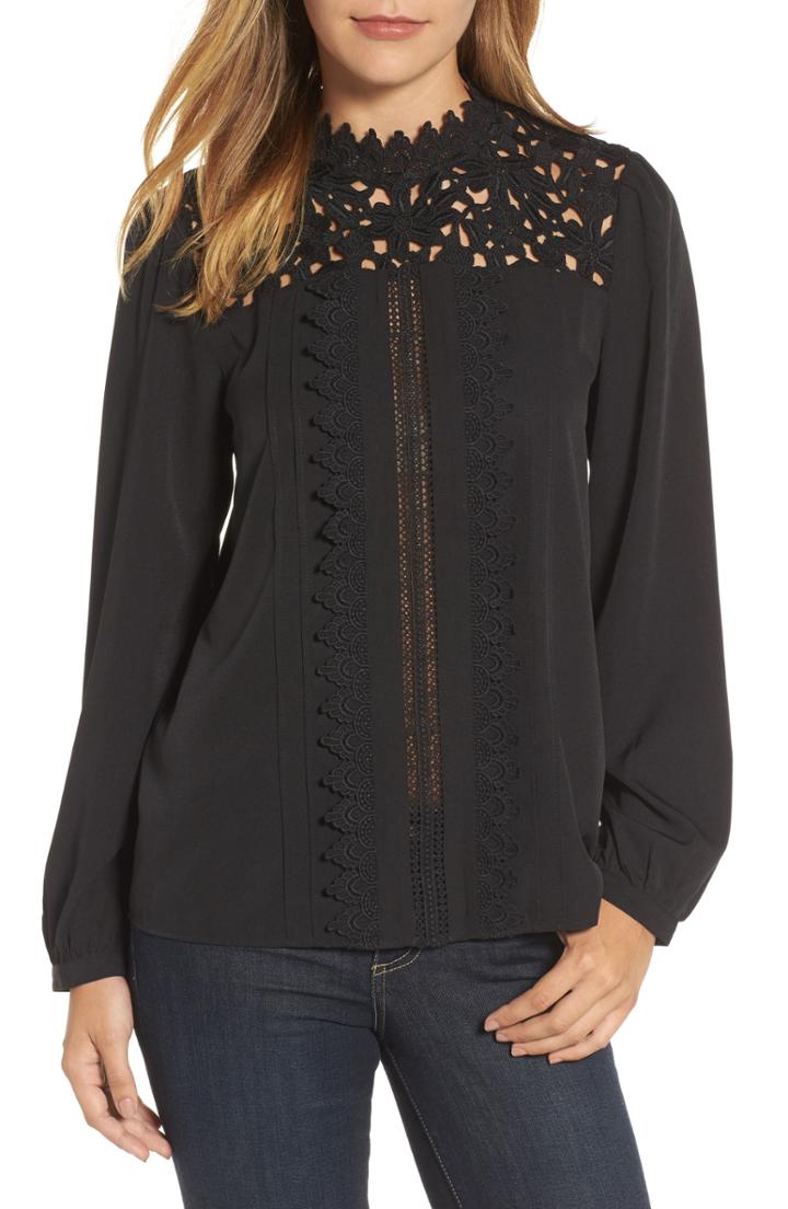 Women's Halogen Lace Yoke Blouse, Size - Black