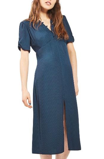 Women's Topshop Dot Jacquard Midi Tea Dress Us (fits Like 10-12) - Blue