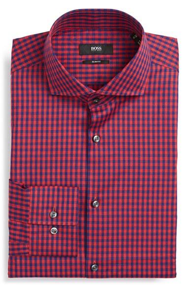 Men's Boss Slim Fit Check Dress Shirt - Red