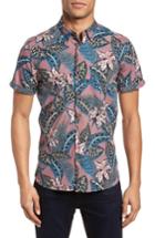 Men's Ted Baker London Clbtrop Trim Fit Tropical Woven Shirt (m) - Pink