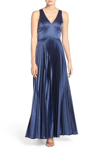 Women's Lulus Bow Back Pleat Satin Gown - Blue