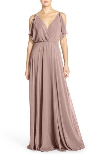 Women's Jenny Yoo Cassie Flutter Sleeve Chiffon A-line Gown - Purple