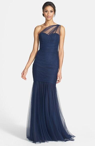 Women's Amsale One-shoulder Tulle Mermaid Gown - Blue