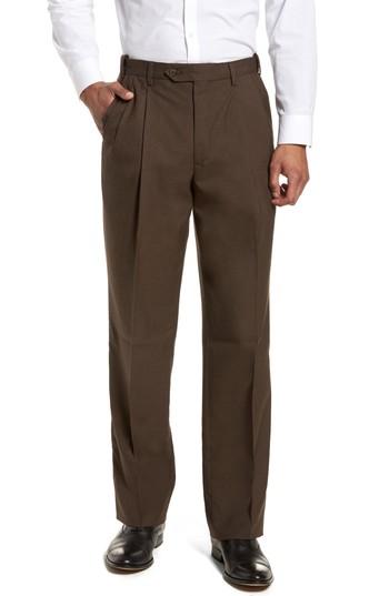 Men's Berle Self Sizer Waist Pleated Wool Gabardine Trousers X 34 - Brown
