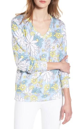Women's Wildfox Daisy Wallpaper - Baggy Beach Jumper V-neck Pullover, Size - Blue