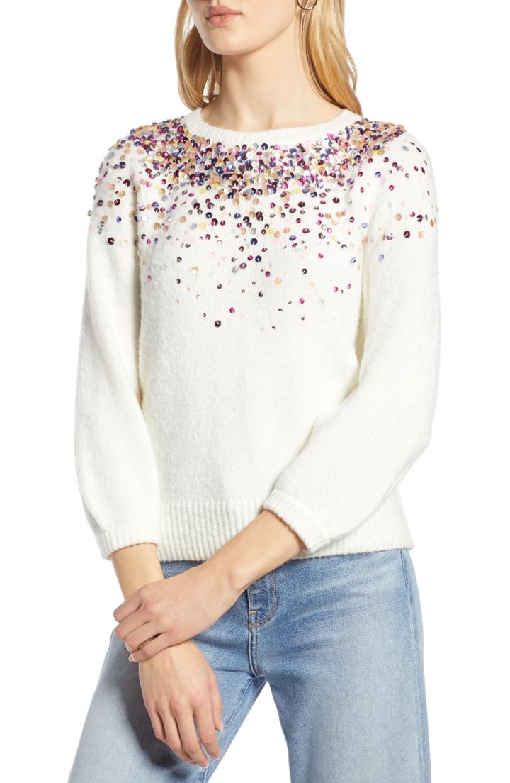 Women's Halogen Sequin Detail Sweater - Ivory