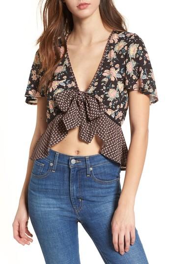 Women's Band Of Gypsies Mix Print Tie Front Top - Black