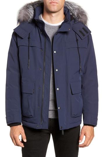 Men's Mackage Tricolor Genuine Fur Trim Down Jacket - Blue