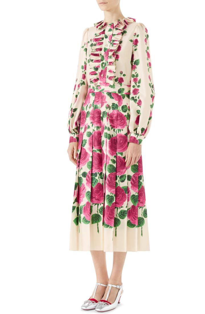 Women's Gucci Pleated Rose Print Silk Midi Dress Us / 40 It - Ivory