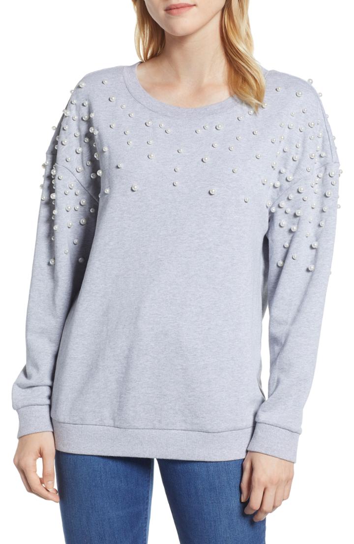 Women's Halogen Beaded Sweatshirt, Size - Grey