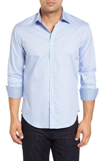 Men's Bugatchi Shaped Fit Tattersall Sport Shirt, Size - Blue