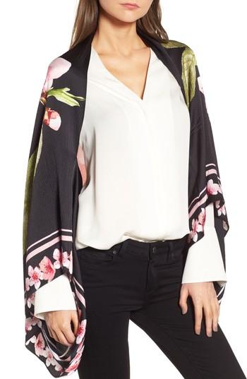 Women's Ted Baker London Peach Blossom Silk Cape Scarf, Size - Black