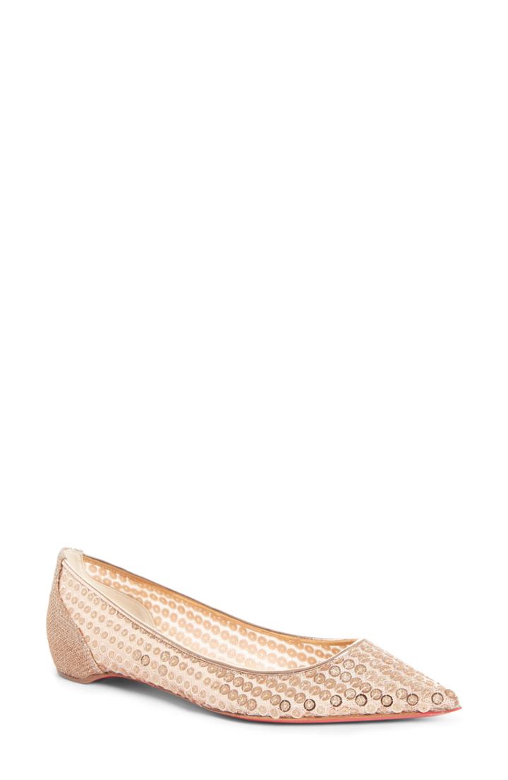 Women's Christian Louboutin Cabaret Sequin Pointy Toe Flat Us / 36eu - Beige