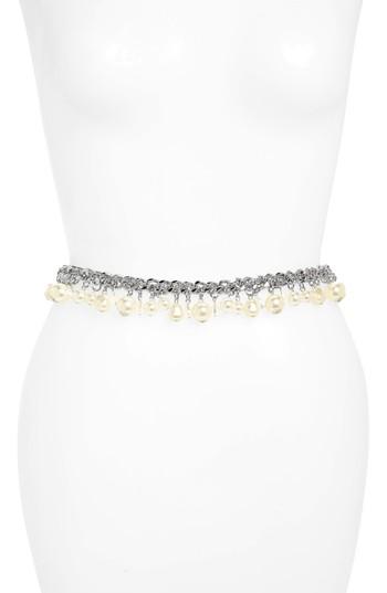 Women's Fashion Focus Accessories Imitation Pearl & Mini Chain Belt - Silver/ Pearl