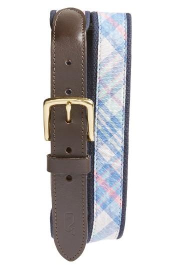Men's Vineyard Vines Saba Rock Plaid Leather & Canvas Belt