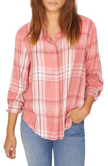 Women's Sanctuary Riverside Smocked Plaid Shirt - Coral
