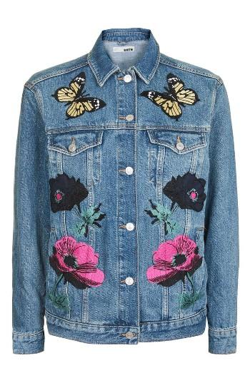 Women's Topshop Applique Denim Jacket Us (fits Like 00) - Blue