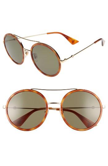 Women's Gucci 56mm Round Sunglasses - Havana/ Green