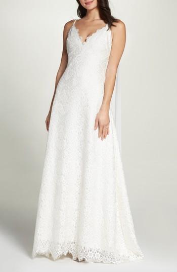 Women's Foxiedox Chiffon Sash Scalloped Lace Gown - Ivory