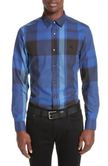 Men's Burberry Coatson Check Slim Fit Cotton & Linen Sport Shirt, Size - Blue
