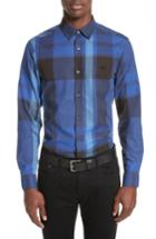 Men's Burberry Coatson Check Slim Fit Cotton & Linen Sport Shirt, Size - Blue