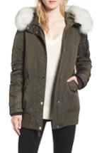 Women's 1 Madison Genuine Fox Fur Trim Down Bomber Jacket - Green