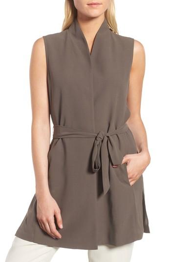 Women's Eileen Fisher Silk Georgette Crepe Long Vest, Size - Grey