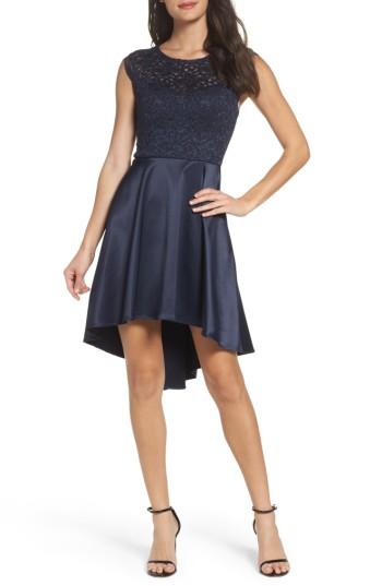 Women's Sequin Hearts Glitter Lace & Satin High/low Dress - Blue