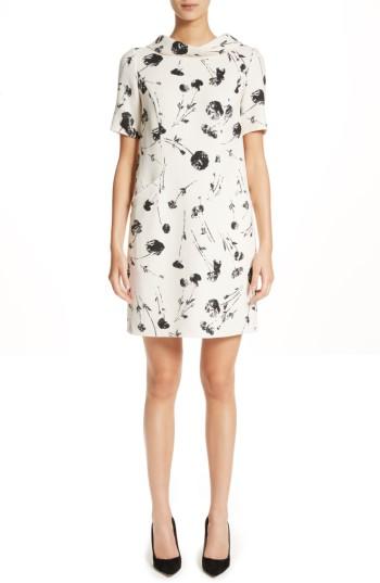 Women's Oscar De La Renta Tossed Poppies Print Crepe Shift Dress