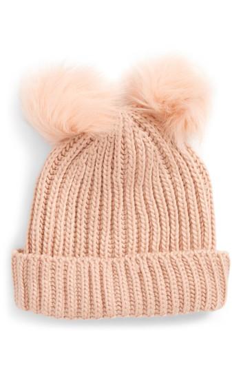 Women's Natasha Faux Fur Double Pom Beanie - Pink