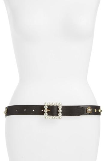 Women's Steve Madden Imitation Pearl Buckle Faux Leather Belt - Black