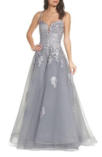 Women's La Femme Embellished Mesh Halter Ballgown - Grey