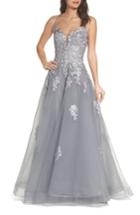 Women's La Femme Embellished Mesh Halter Ballgown - Grey
