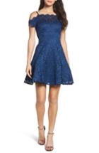 Women's Morgan & Co. Cold Shoulder Glitter Lace Fit & Flare Dress /2 - Blue