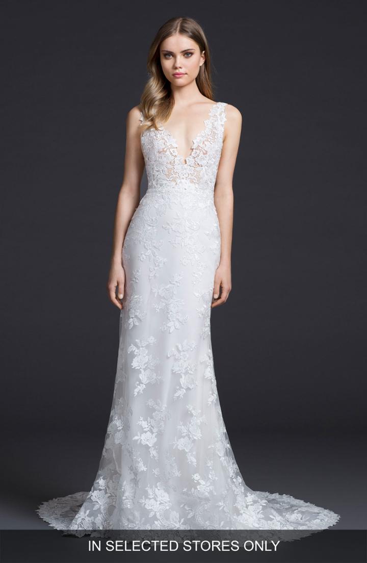 Women's Lazaro Venice Lace Sheath Gown, Size - Ivory