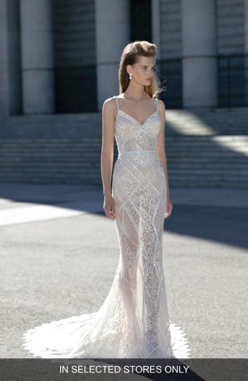 Women's Berta Beaded Sheer Lace Column Dress, Size - Ivory