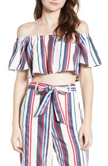 Women's Lost + Wander Azul Stripe Off The Shoulder Crop Top - Blue