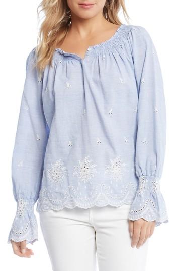 Women's Karen Kane Bell Sleeve Embroidered Cotton Peasant Blouse - Blue