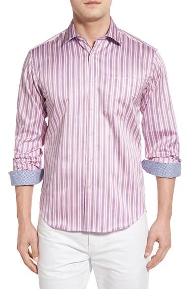 Men's Bugatchi Shaped Fit Stripe Sport Shirt, Size - Pink