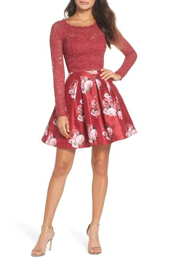 Women's Sequin Hearts Floral & Lace Two-piece Dress - Burgundy