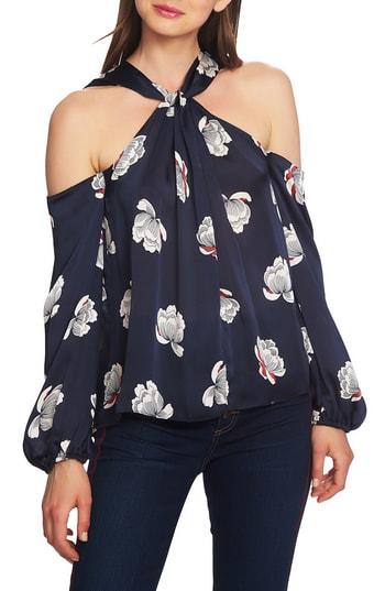 Women's 1.state Floating Blossoms Twist Neck Cold Shoulder Blouse - Blue
