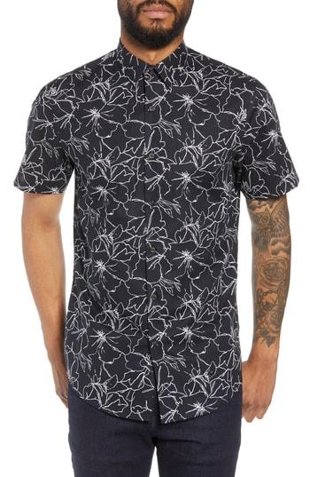 Men's Calibrate Trim Fit Hibiscus Print Sport Shirt - Black