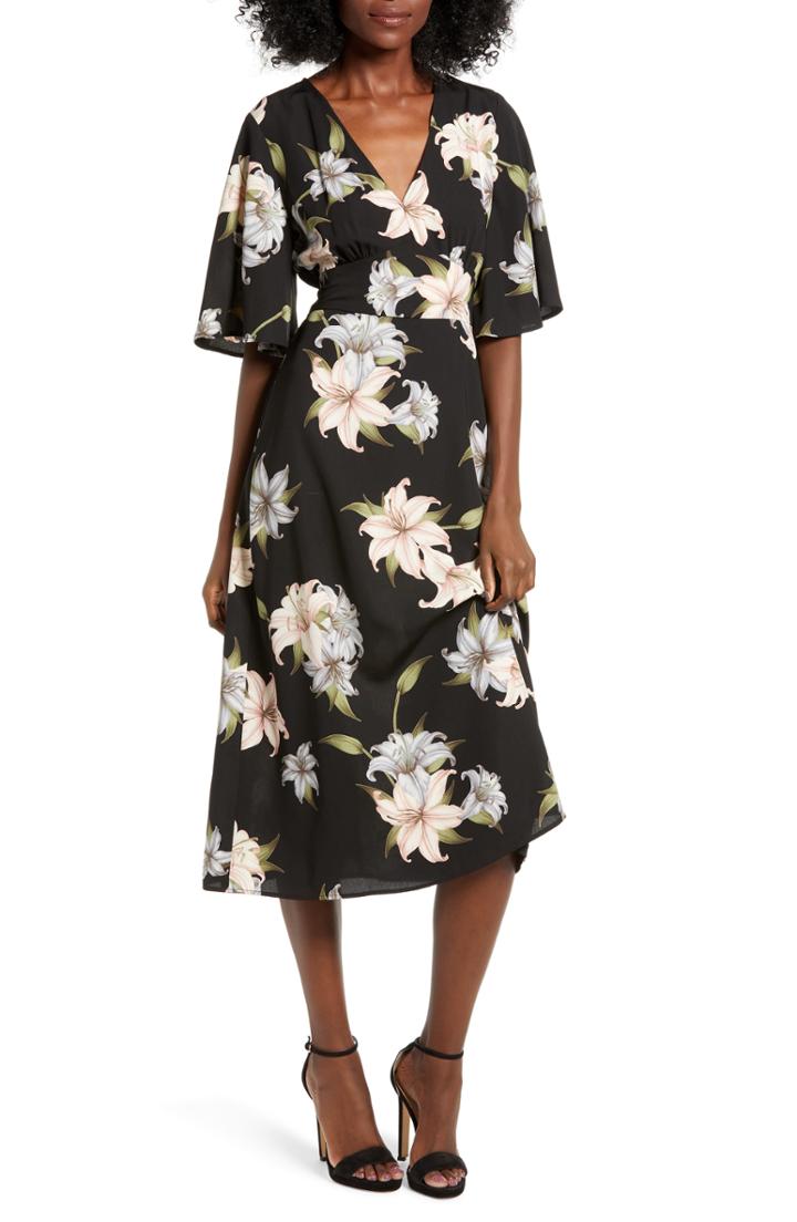Women's All In Favor Floral Print V-neck Midi Dress - Black