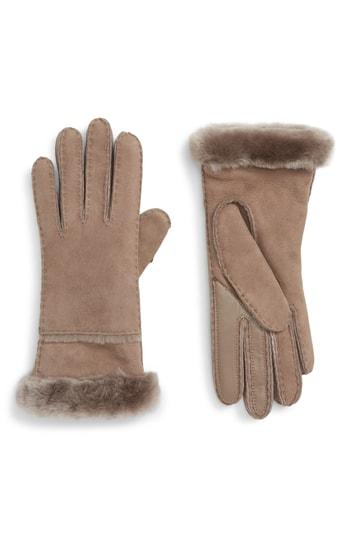Women's Ugg Seamed Touchscreen Compatible Gloves With Genuine Shearling Trim - Grey