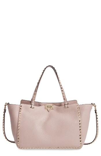 Valentino Medium Rockstud Vitello Leather Tote - Beige